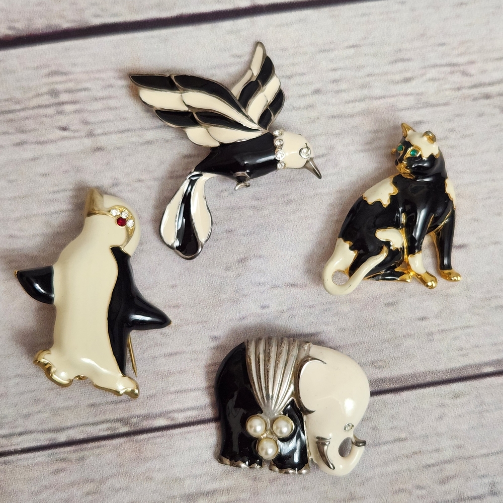 Black & Cream Enamel Animal Brooch Lot - Penguin, Hummingbird, Cat, Elephant